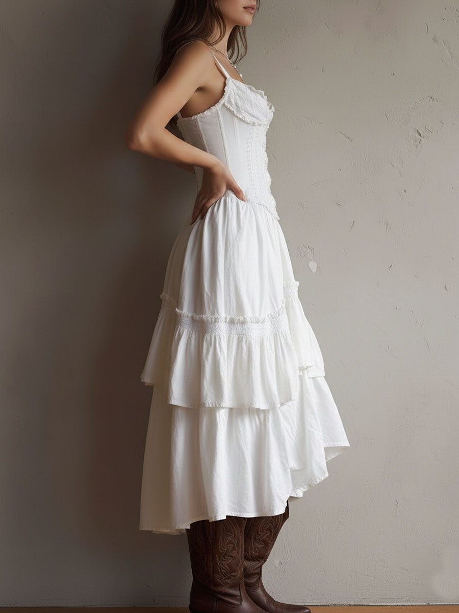 Chic Retro Boho Corset Midi Dress with Tiered Layers and Lace Trim