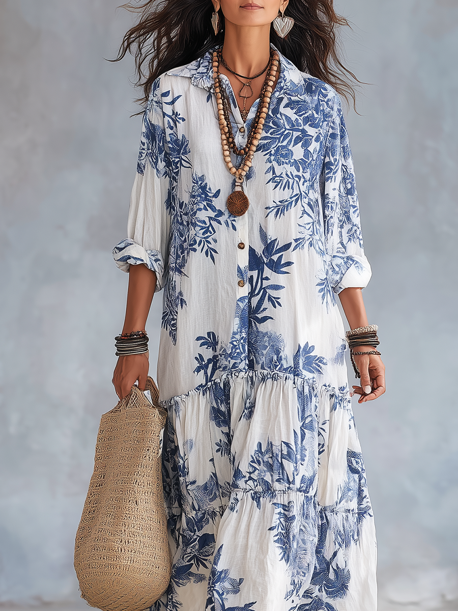 Bohemian Blue Floral Maxi Dress with Button-Front