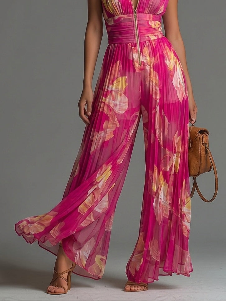 Zsófia Jumpsuit – Fuchsia Floral Pleated Chiffon, Size S1