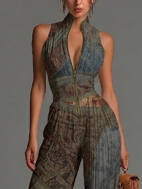 Bohemian Ethnic-Print Sleeveless Zipper Jumpsuit with Pleated Wide-Leg Chiffon