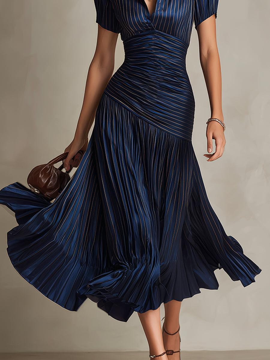 Isla | Pleated Striped Shirt Midi Dress