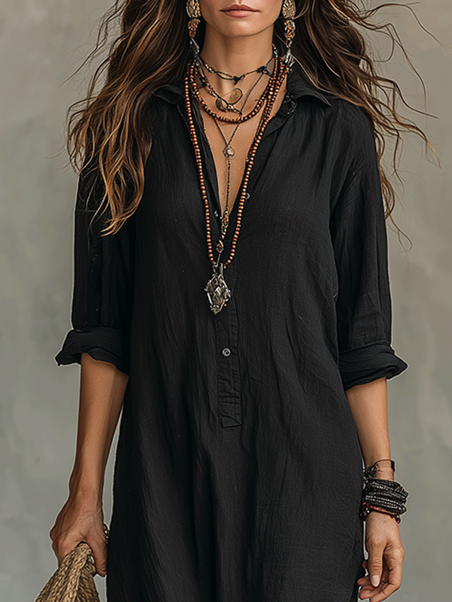 Black Bohemian Button-Front Maxi Shirt Dress