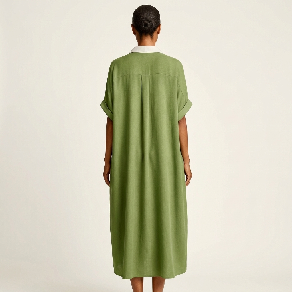 Kamira Contrast-Collar Maxi Shirt Dress with Button-Front and Short Sleeves