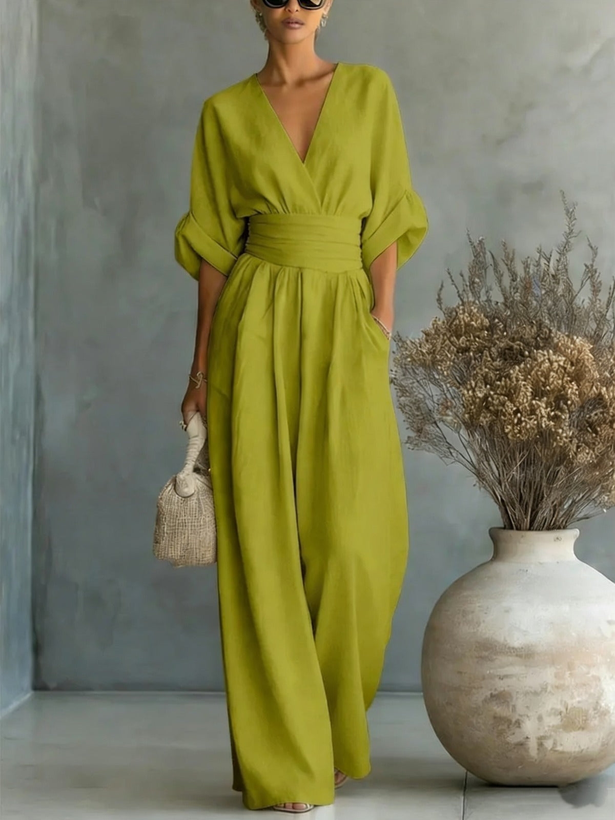 Georgina: Sophisticated Deep V-Neck Wide-Leg Jumpsuit