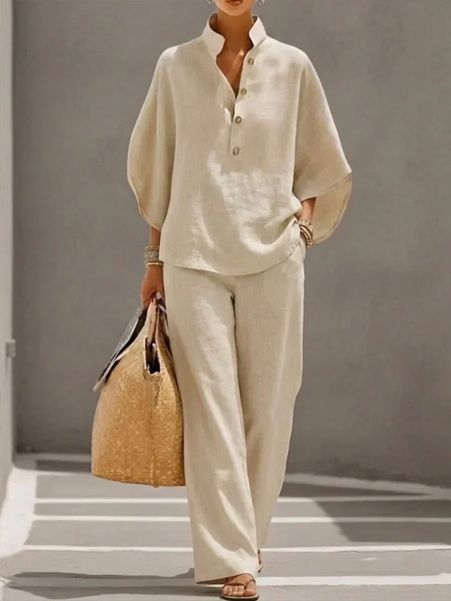 Maribel™ Linen Co-ord Set with Batwing Sleeves and Wide-Leg Trousers