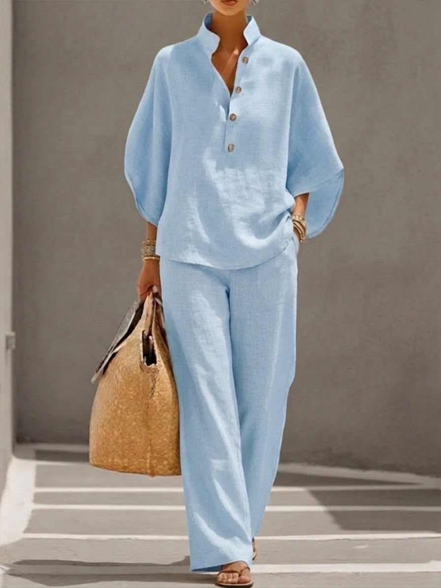 Eszter™ – Sophisticated cotton-linen set with batwing sleeves and wide-leg trousers, size S1