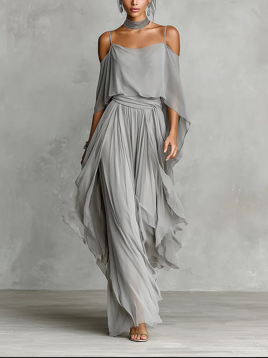 Isabella Grey Flowing Top & Chiffon Trousers Set — Size S1