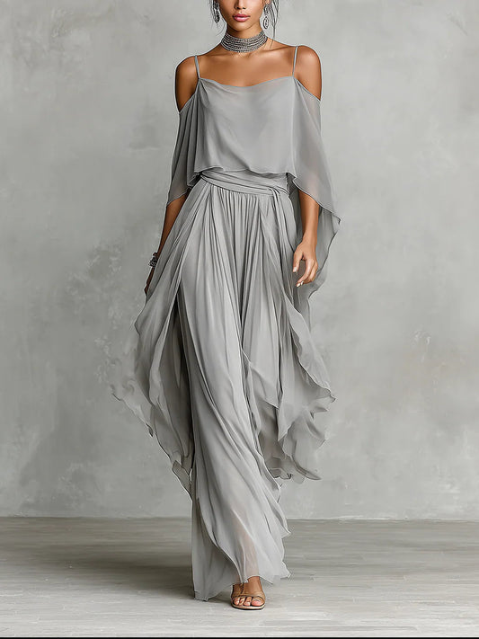 Isabella Grey Flowing Top & Chiffon Trousers Set — Size S1