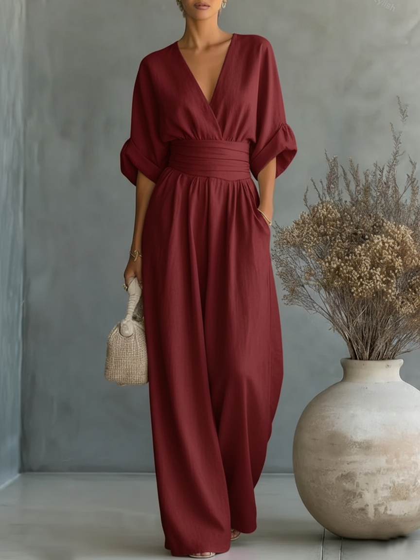 Chic V-Neck, High-Waisted Jumpsuit – Size S1