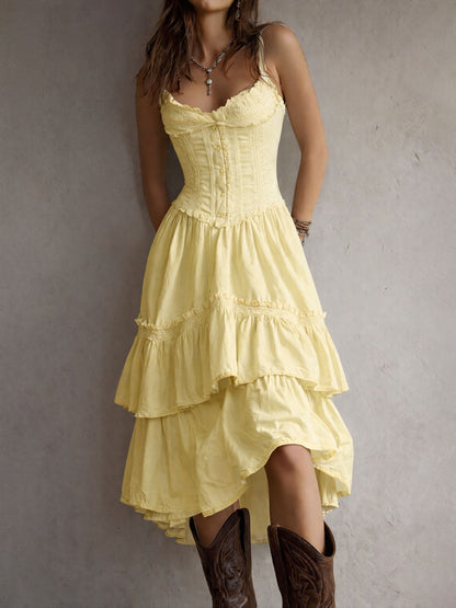 Chic Retro Boho Corset Midi Dress with Tiered Layers and Lace Trim