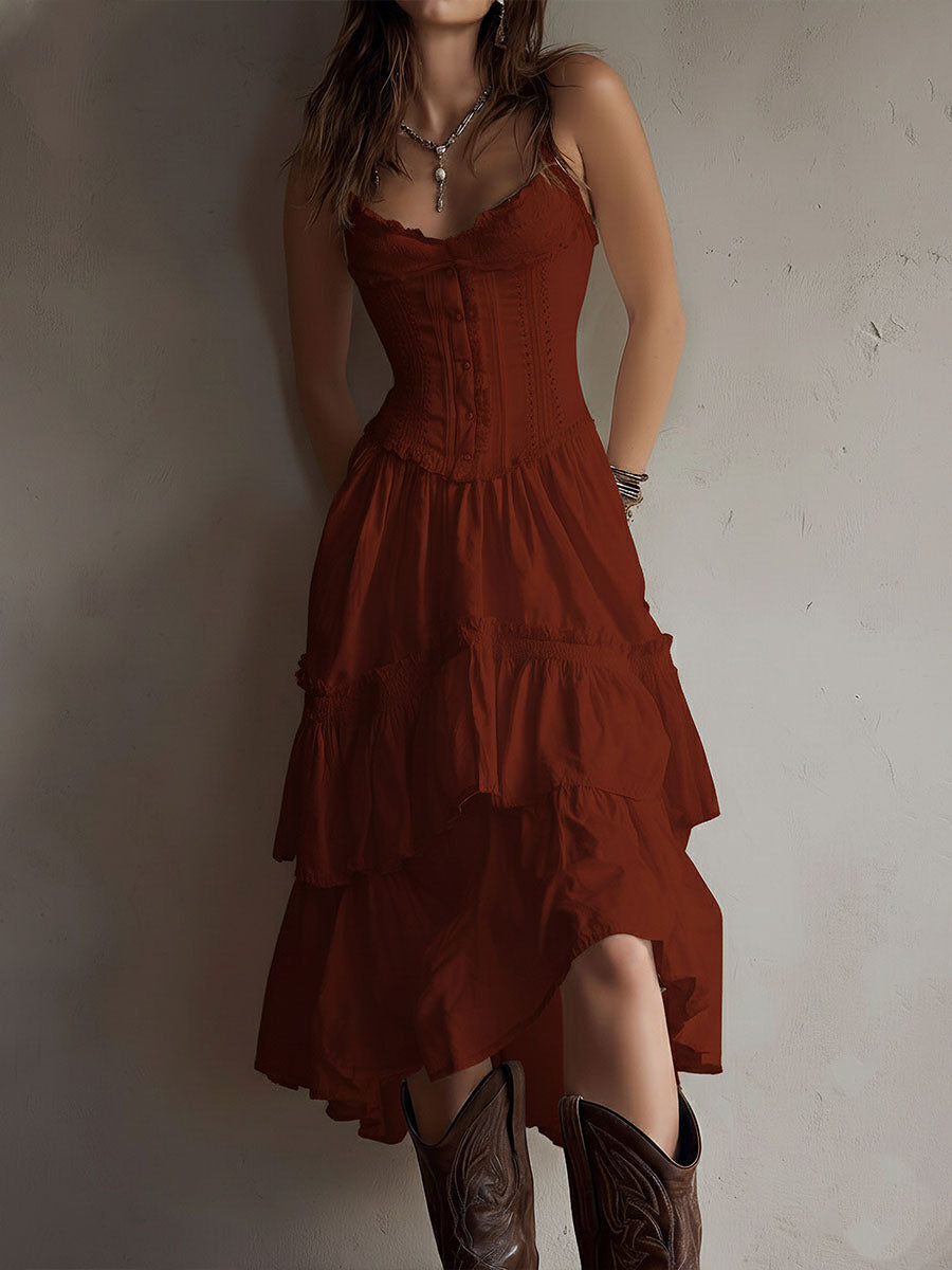 Chic Retro Boho Corset Midi Dress with Tiered Layers and Lace Trim