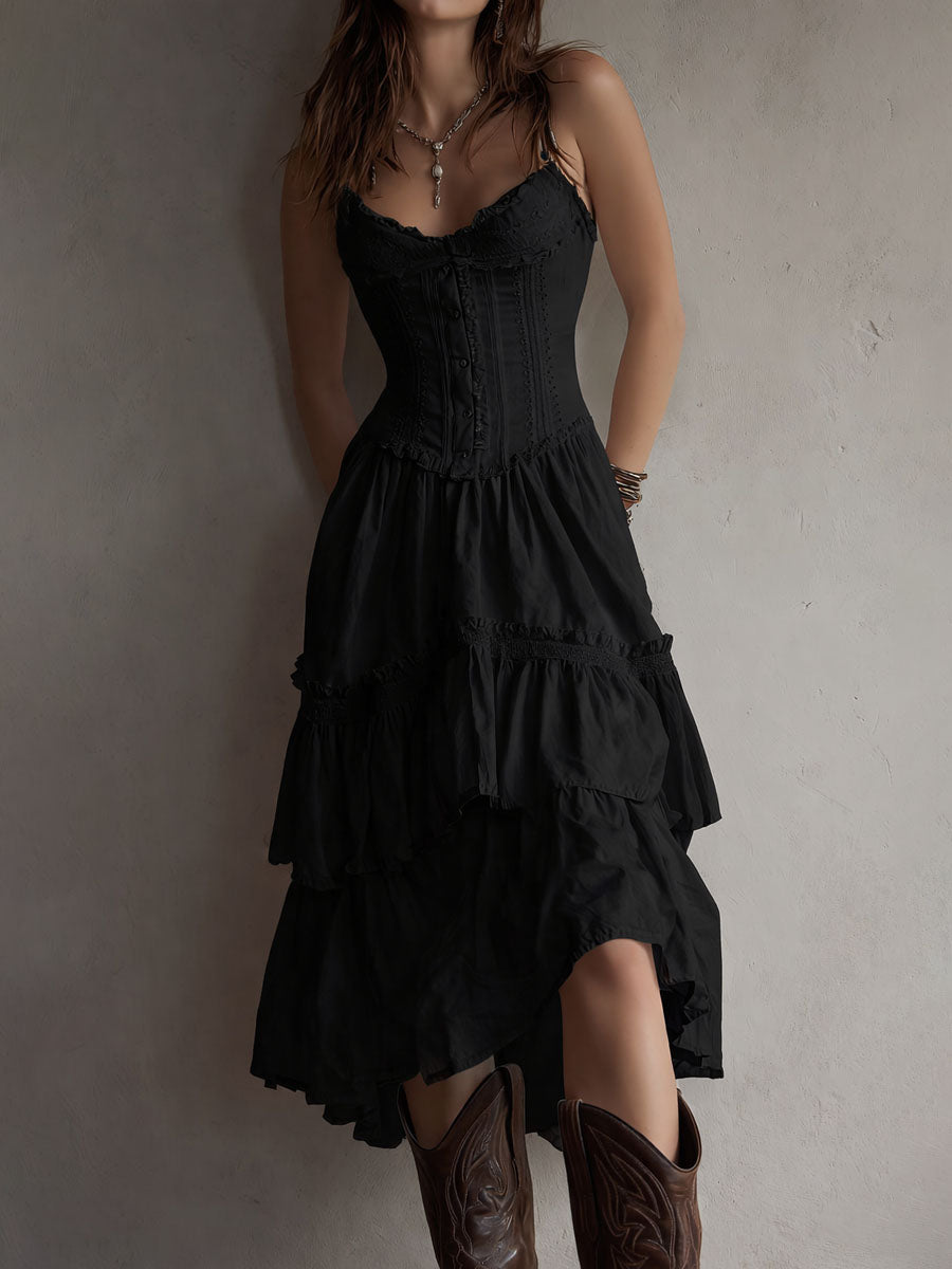 Chic Retro Boho Corset Midi Dress with Tiered Layers and Lace Trim