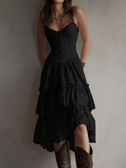Chic Retro Boho Corset Midi Dress with Tiered Layers and Lace Trim