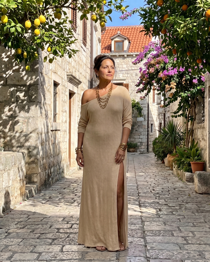 Asterelle One-Shoulder Flowing Midi Dress with Side Slit