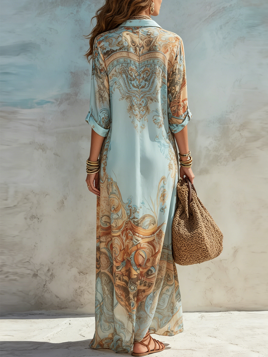 Elegant Baroque-Style Floral Blue Chiffon Maxi Dress
