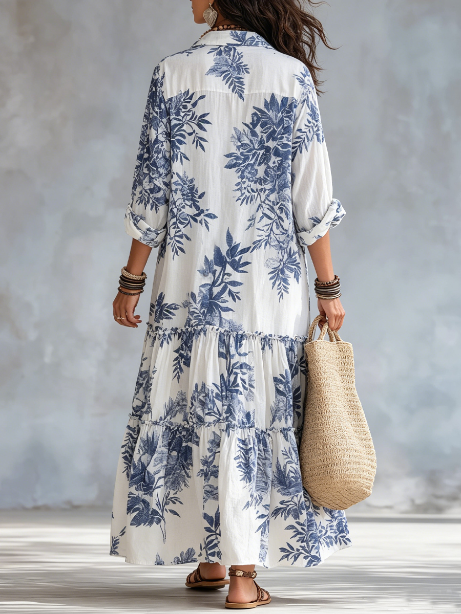 Bohemian Blue Floral Maxi Dress with Button-Front