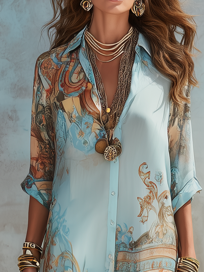 Elegant Baroque-Style Floral Blue Chiffon Maxi Dress