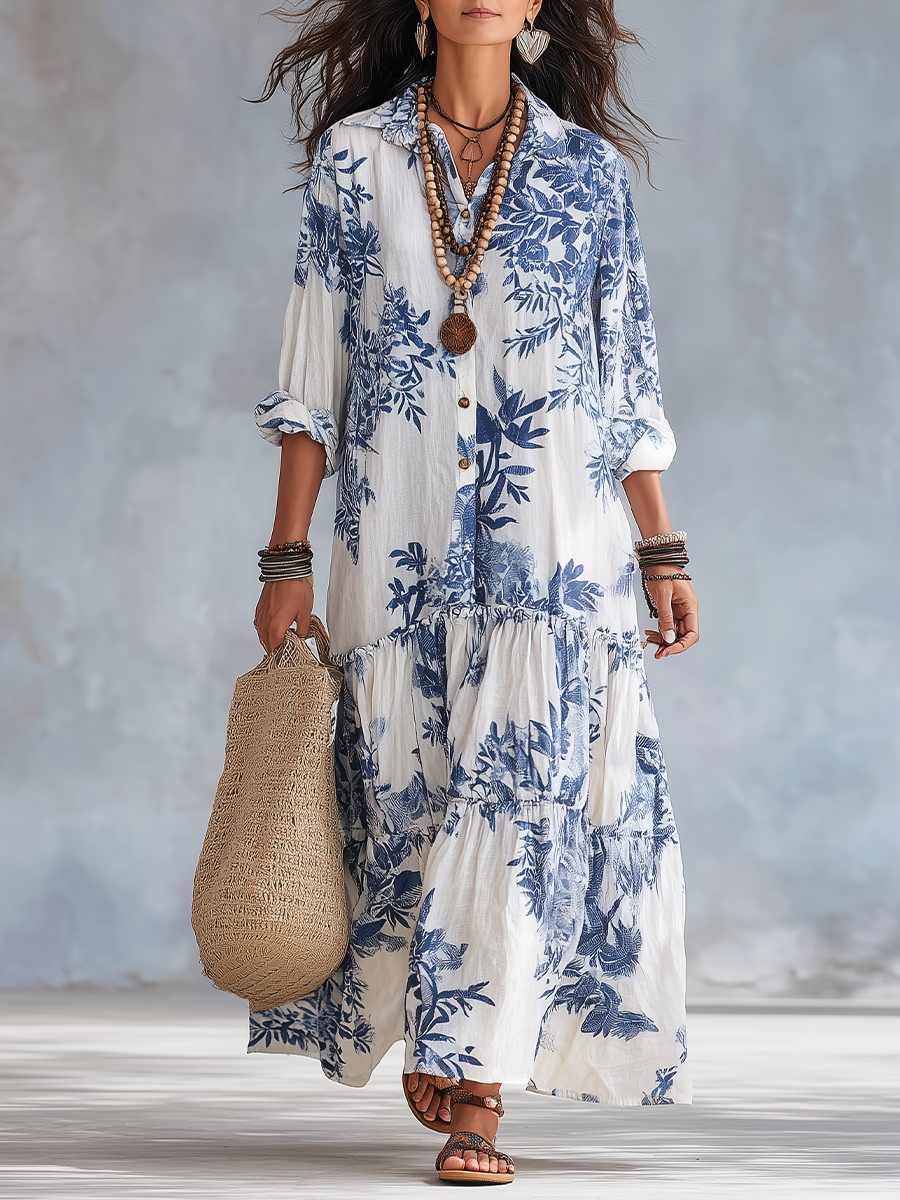 Bohemian Blue Floral Maxi Dress with Button-Front