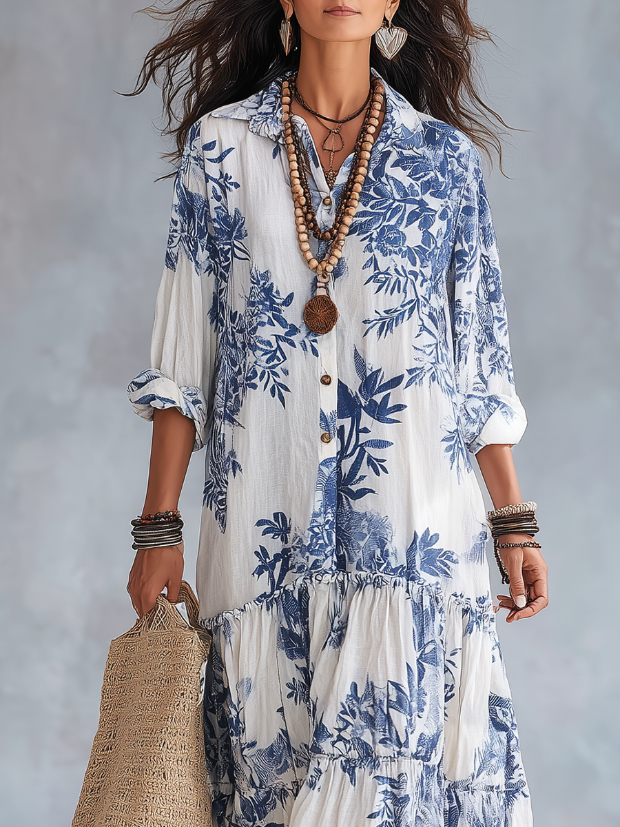 Bohemian Blue Floral Maxi Dress with Button-Front