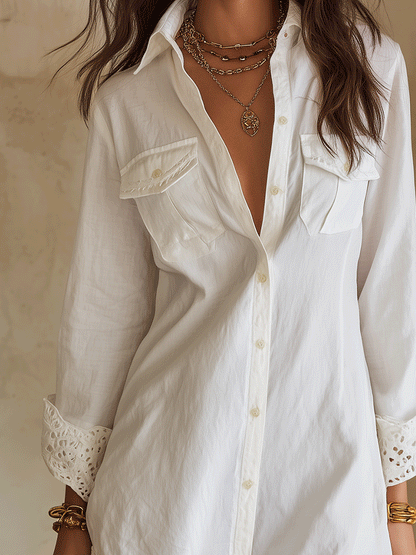Bohemian Eyelet-Hem Resort White Shirt Mini Dress