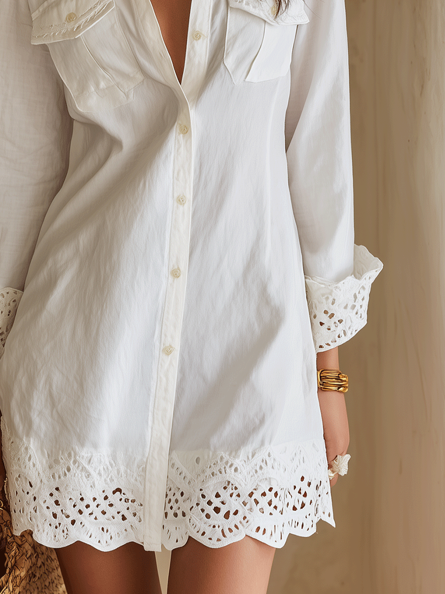 Bohemian Eyelet-Hem Resort White Shirt Mini Dress