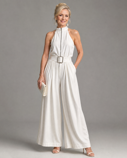 Astrielle Belted High-Neck Sleeveless Jumpsuit with Wide-Leg
