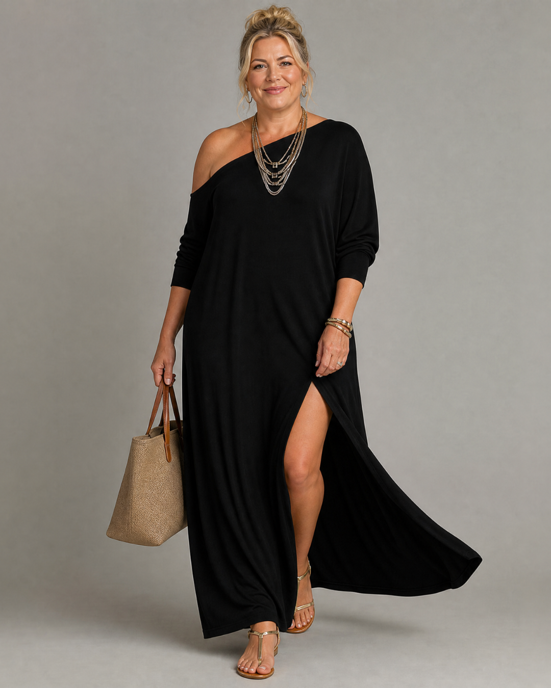 Asterelle One-Shoulder Flowing Midi Dress with Side Slit