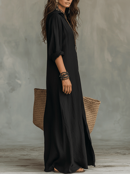 Black Bohemian Button-Front Maxi Shirt Dress
