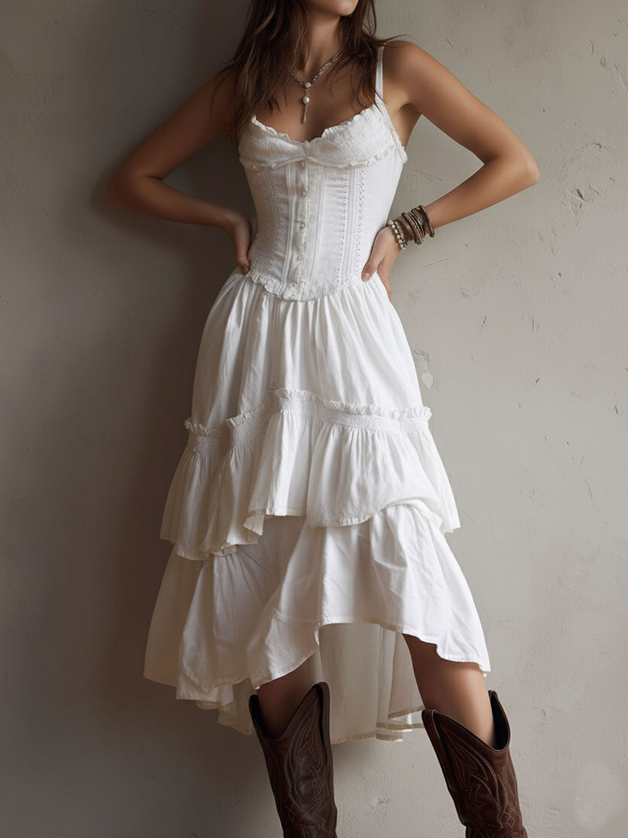 Chic Retro Boho Corset Midi Dress with Tiered Layers and Lace Trim