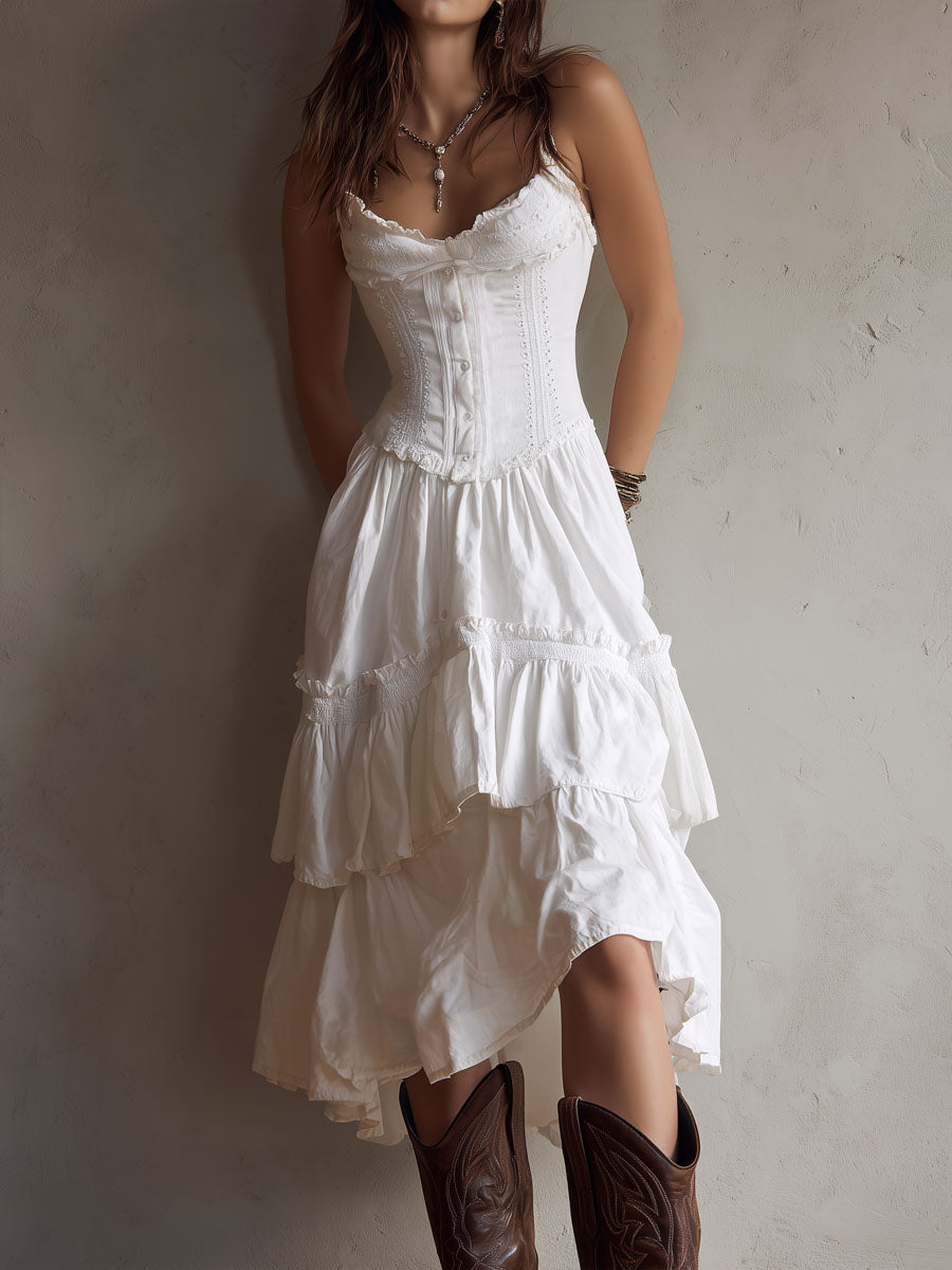 Chic Retro Boho Corset Midi Dress with Tiered Layers and Lace Trim