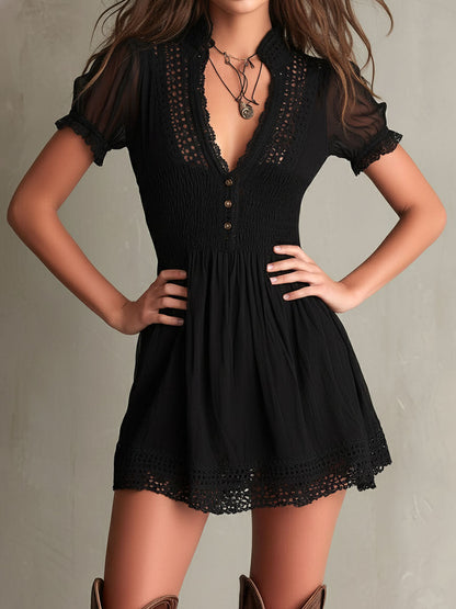 Classic Muse Black Mini Dress with Delicate Smocked Lace Trim