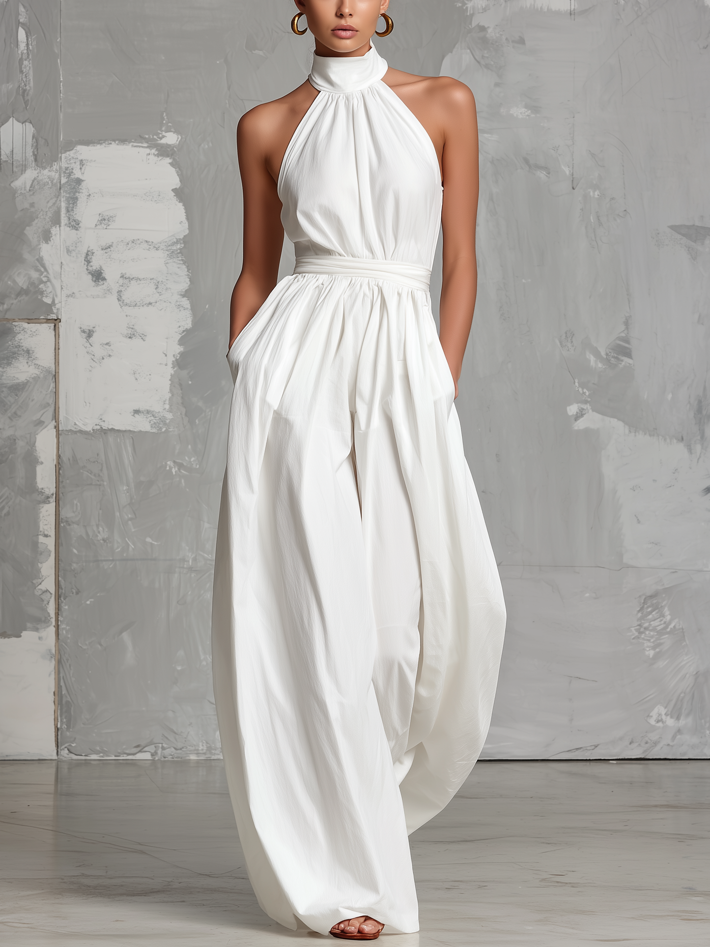 Zoltán Elegant White Woven Sleeveless Halter-Neck Jumpsuit, Size S1