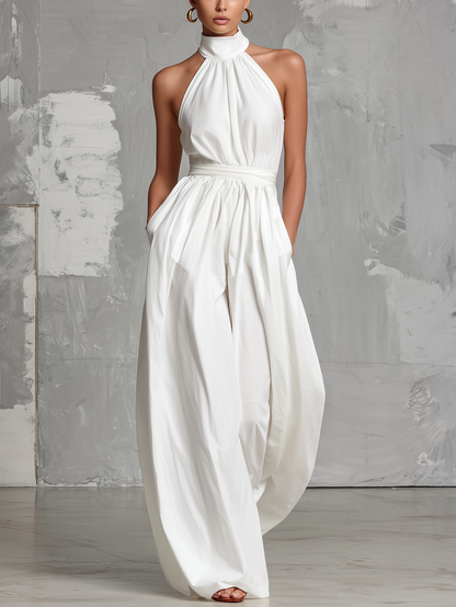 Zoltán Elegant White Woven Sleeveless Halter-Neck Jumpsuit, Size S1