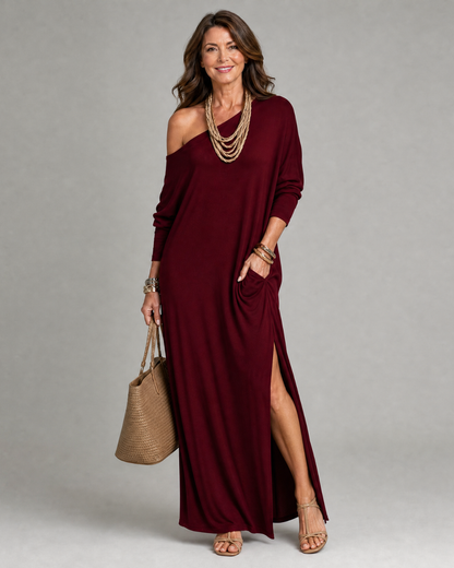 Asterelle One-Shoulder Flowing Midi Dress with Side Slit