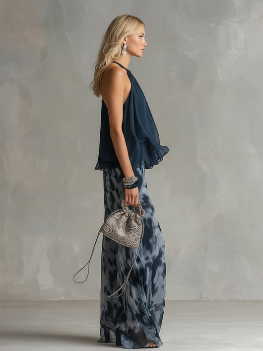 Ludovica | Navy Halter Top & Printed Wide-Leg Set — Sleek, Effortless Style