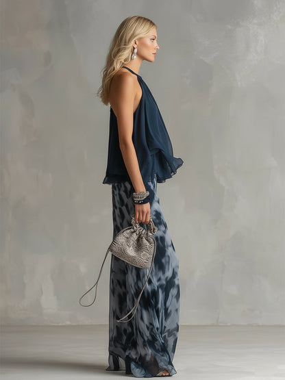 Ludovica – Luxe chiffon two-piece with a high-neck top and flowing wide-leg printed trousers • S1