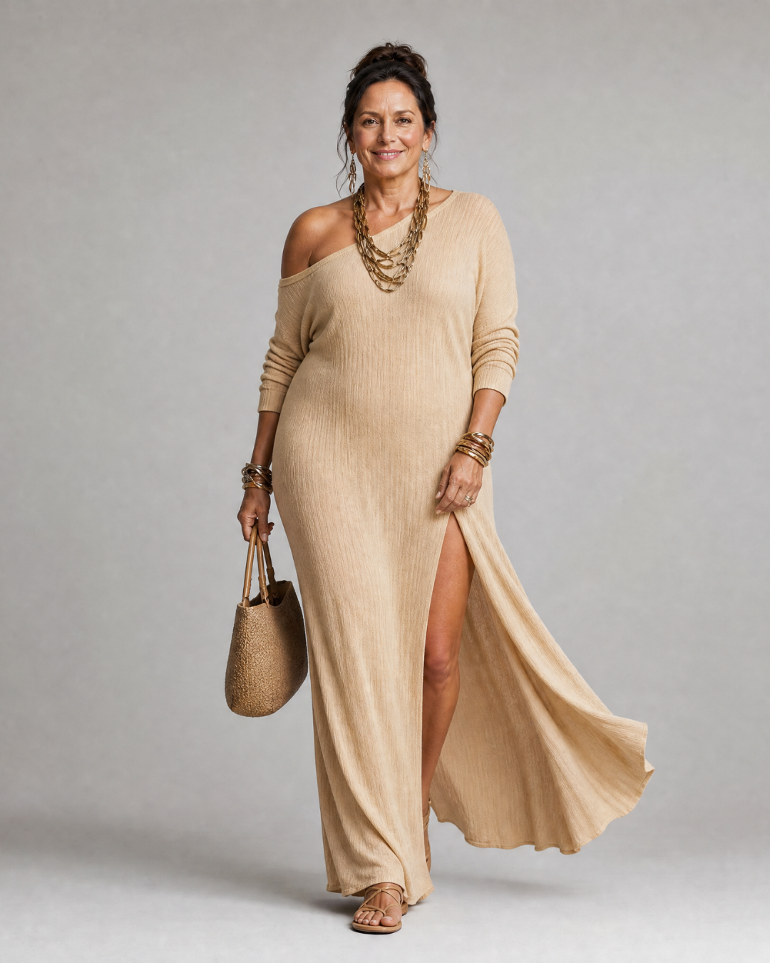 Asterelle One-Shoulder Flowing Midi Dress with Side Slit