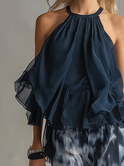 Ludovica – Luxe chiffon two-piece with a high-neck top and flowing wide-leg printed trousers • S1
