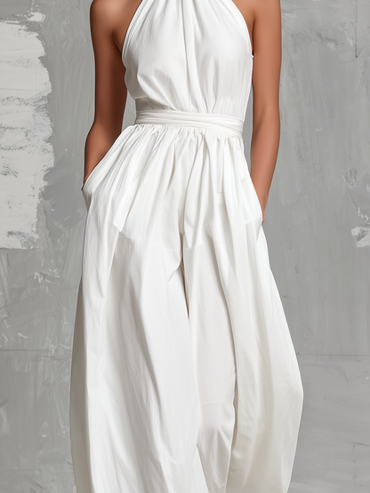 Zoltán Elegant White Woven Sleeveless Halter-Neck Jumpsuit, Size S1