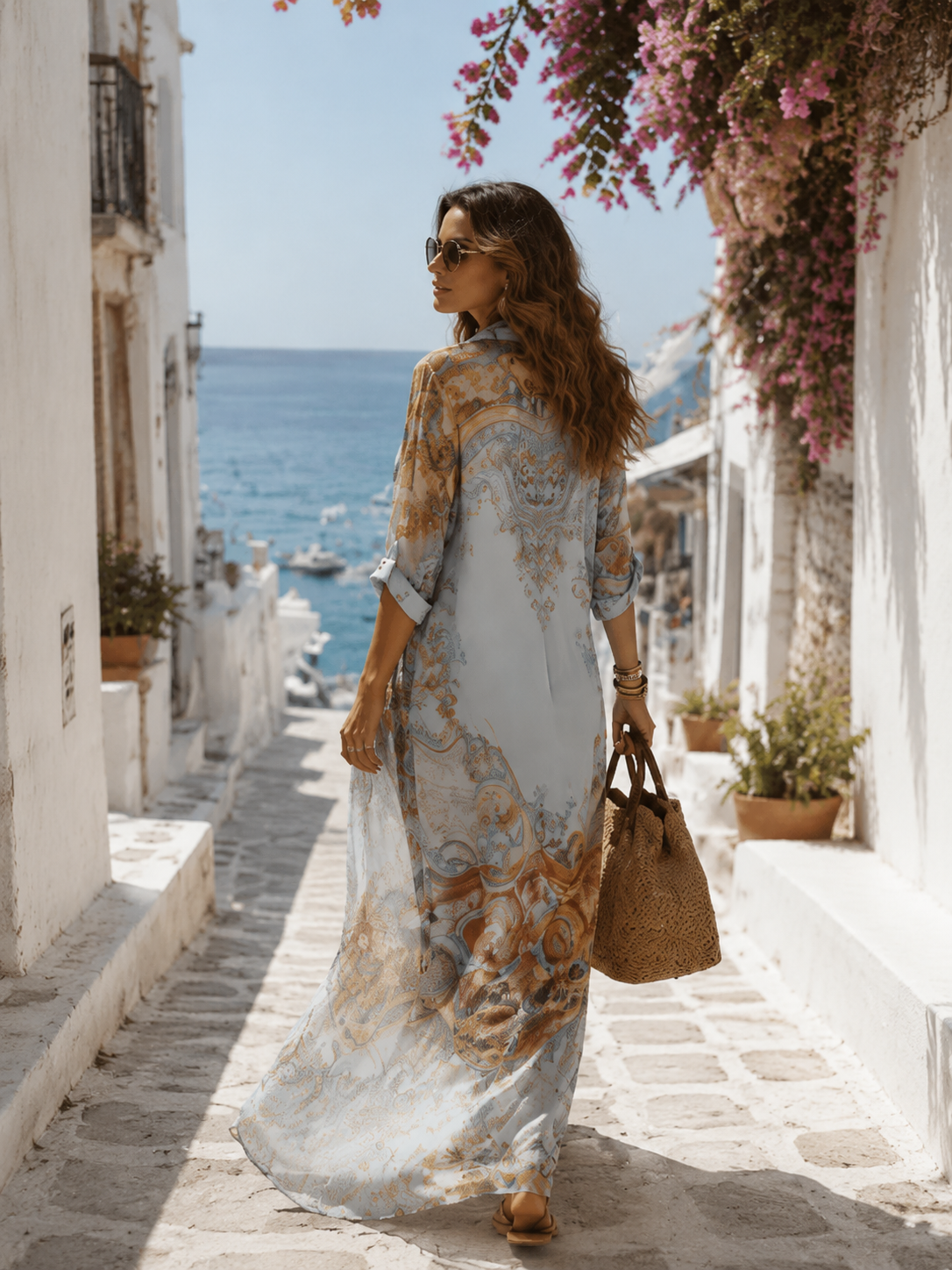 Elegant Baroque-Style Floral Blue Chiffon Maxi Dress