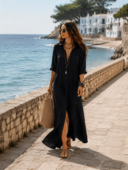 Black Bohemian Button-Front Maxi Shirt Dress