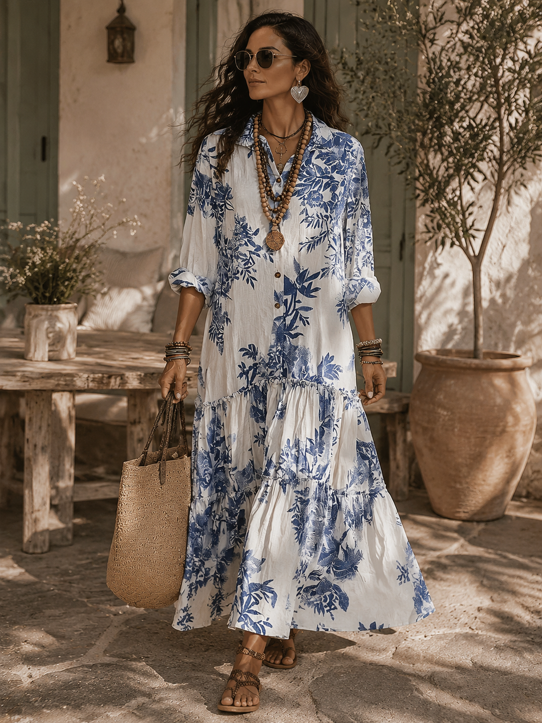 Bohemian Blue Floral Maxi Dress with Button-Front
