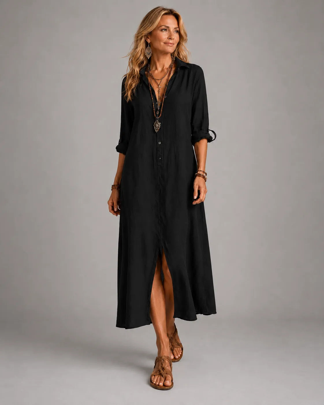Black Bohemian Button-Front Maxi Shirt Dress