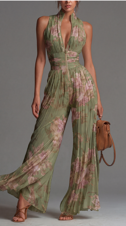 Chic Pleated Floral Chiffon Jumpsuit • S1