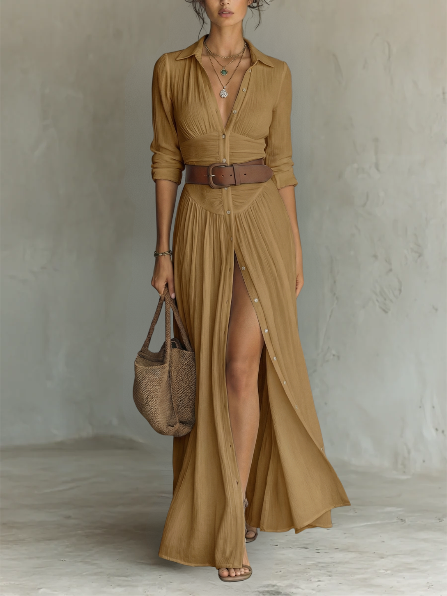 Elegant Long Maxi Dress with Notched Collar and Long Sleeves for Women — Size S1