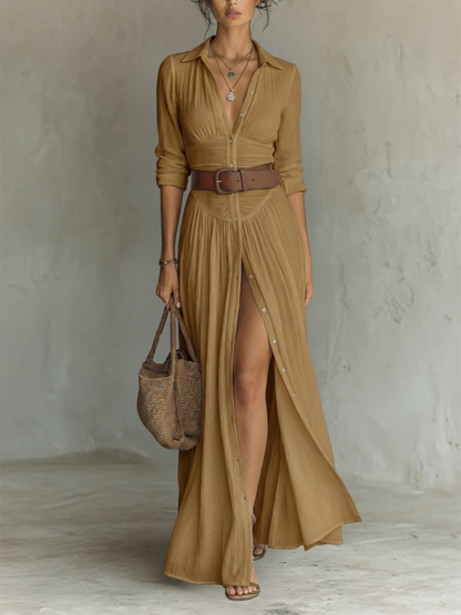 Elegant Long Maxi Dress with Notched Collar and Long Sleeves for Women — Size S1