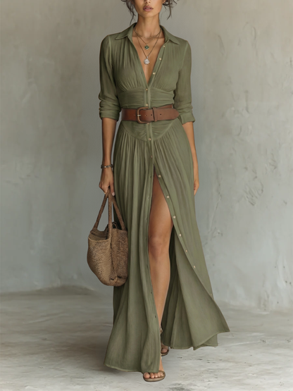 Elegant Long Maxi Dress with Notched Collar and Long Sleeves for Women — Size S1
