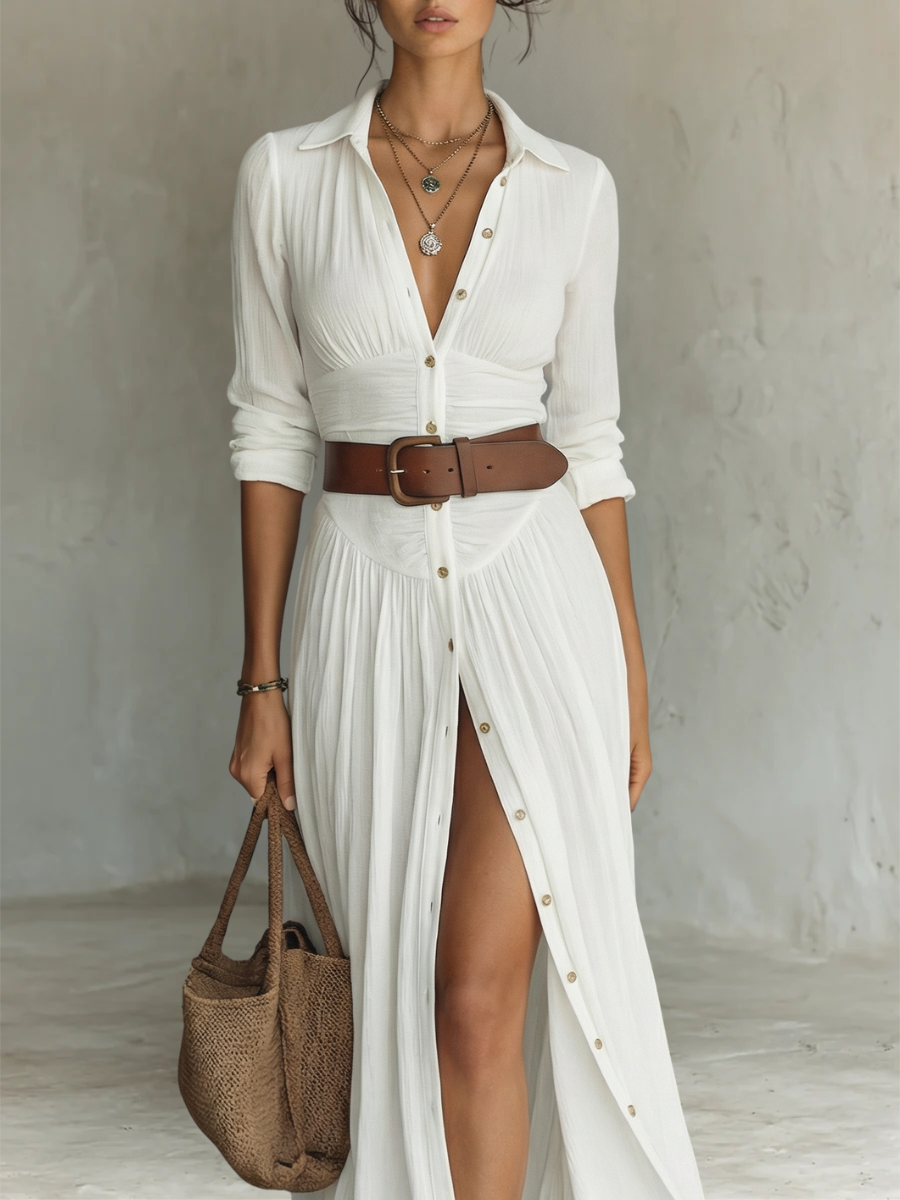 Elegant Long Maxi Dress with Notched Collar and Long Sleeves for Women — Size S1