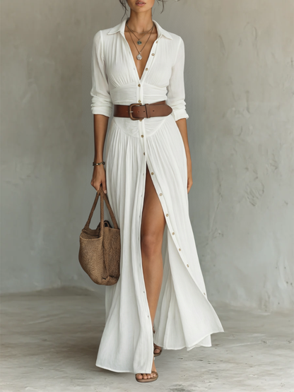 Elegant Long Maxi Dress with Notched Collar and Long Sleeves for Women — Size S1