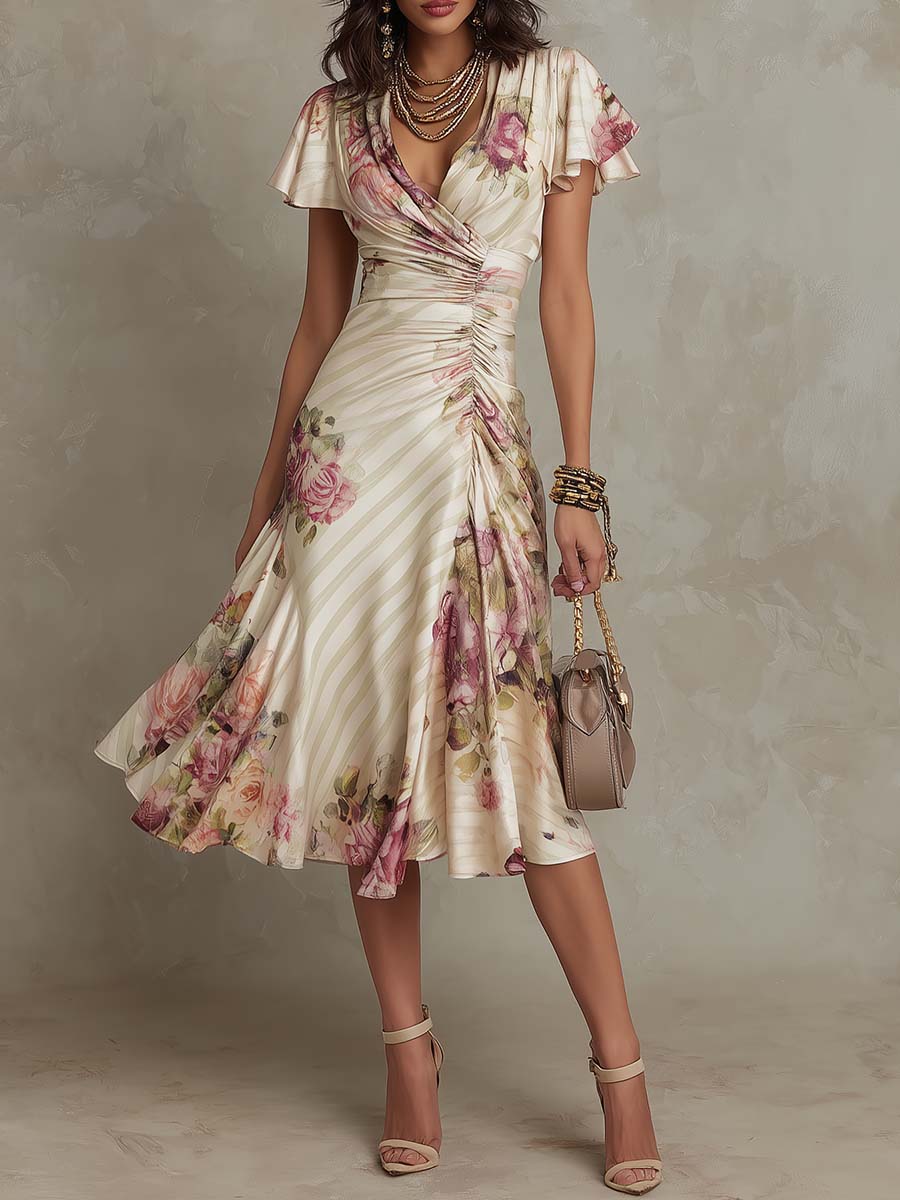 Celeste | Ruched Floral Wrap Midi Dress